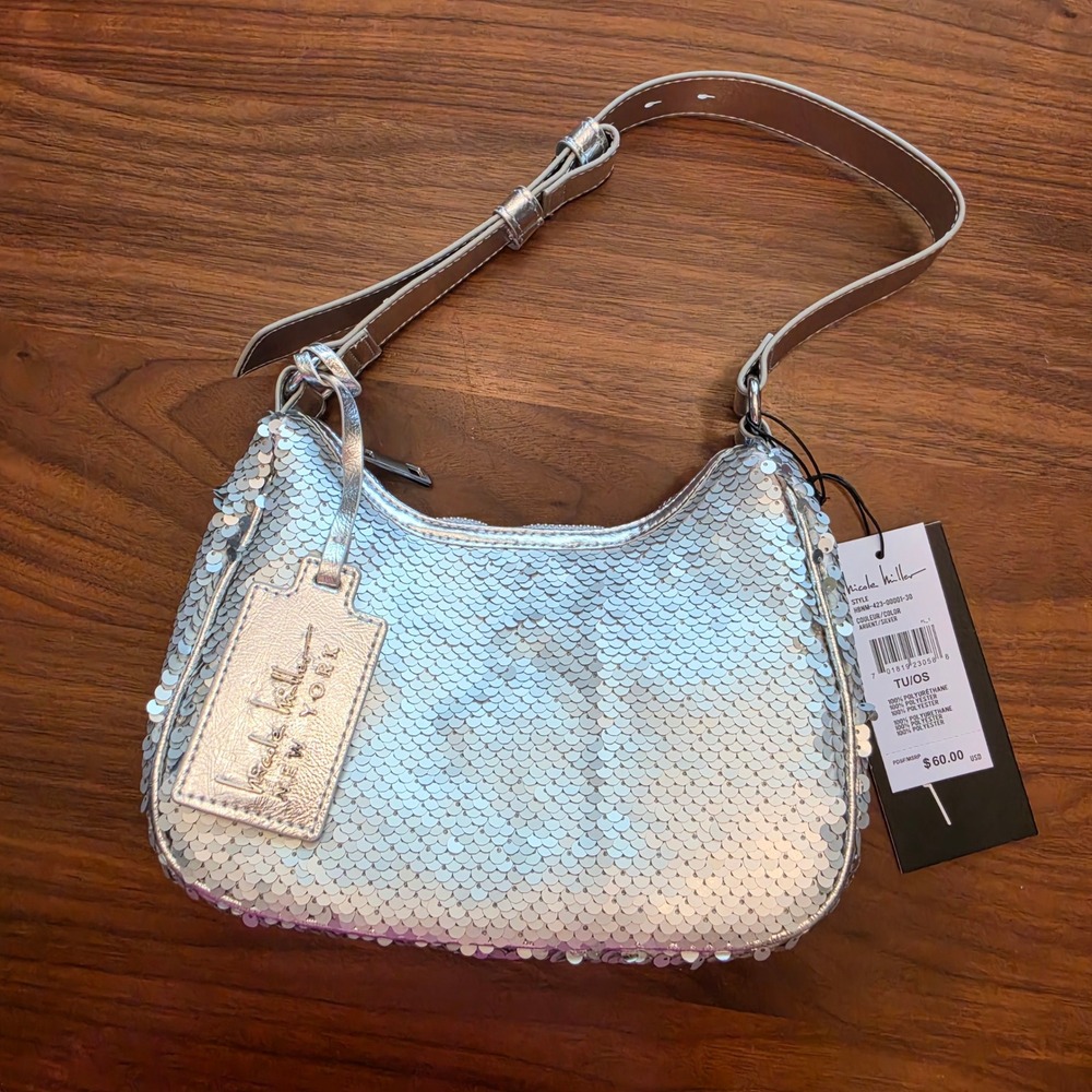 Nicole Miller Y2K Crescent Shoulder Bag Silver Sequins Metallic Glam Party New